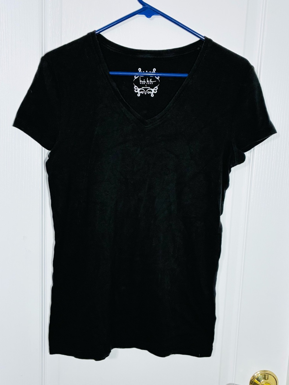 Nicole Miller New York V Neck Stretch Fitted Tee Black Size Large